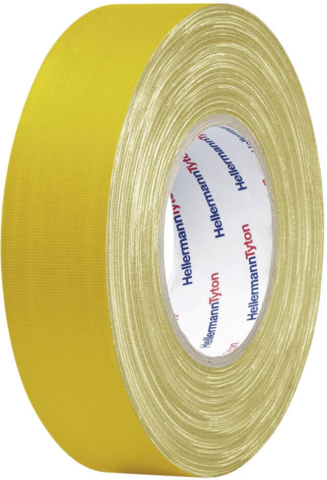 Yellow fabric tape on a roll, printed with 'HellermannTyton'.