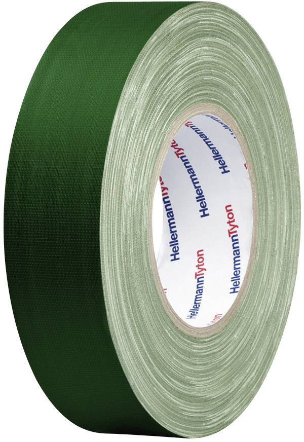 Green fabric tape in roll form with the 'HellermannTyton' logo on the inside of the core.