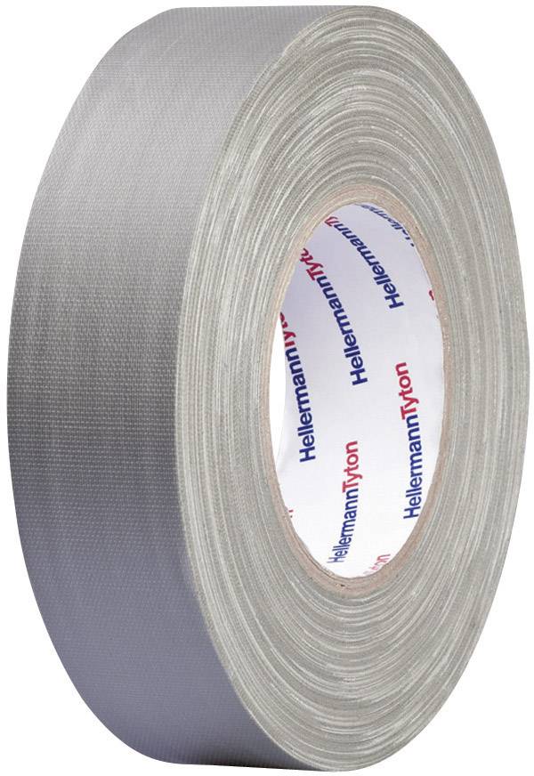 Grey adhesive tape in roll form, lying sideways. On the inside, 'HellermannTyton' is written in red and blue.