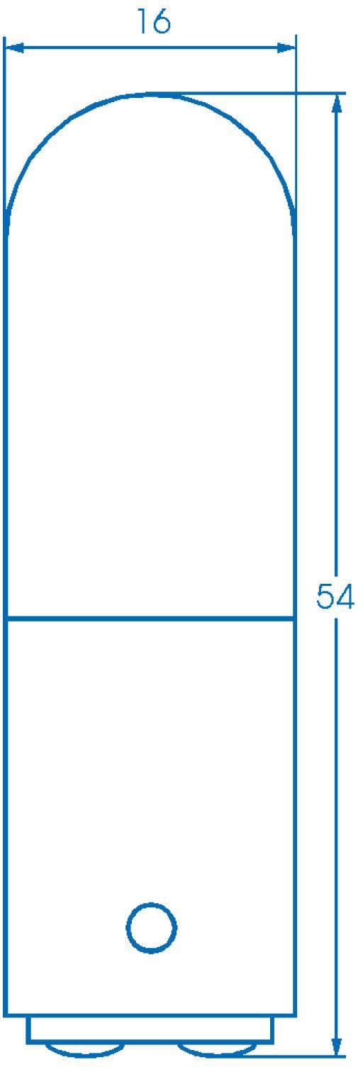 Technical drawing of a cylindrical component. Height: 54 units, width at top: 16 units. Lower section has a circular marking.