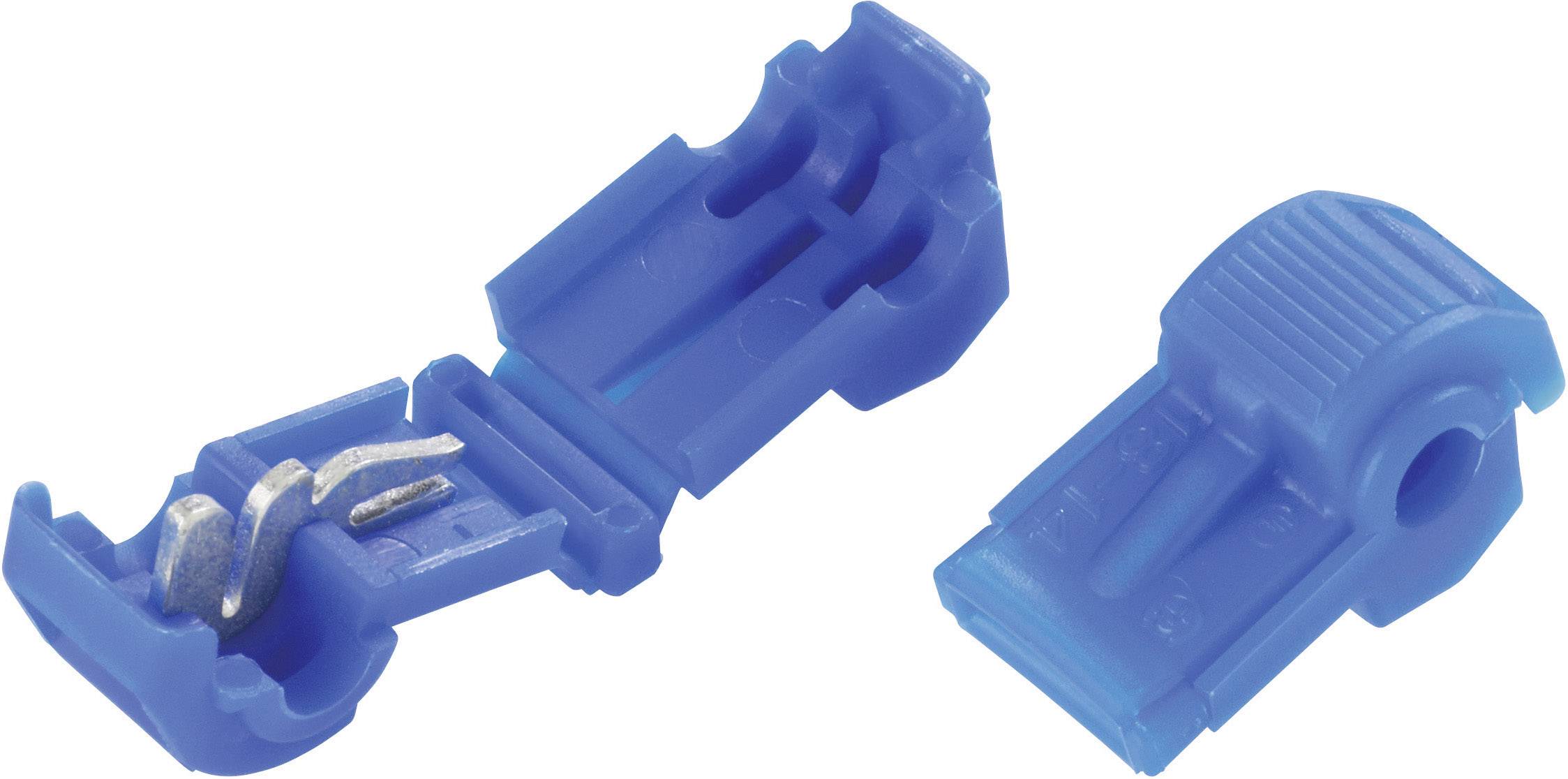 A blue cable connector, partially open and partially closed, reveals the metal elements inside.