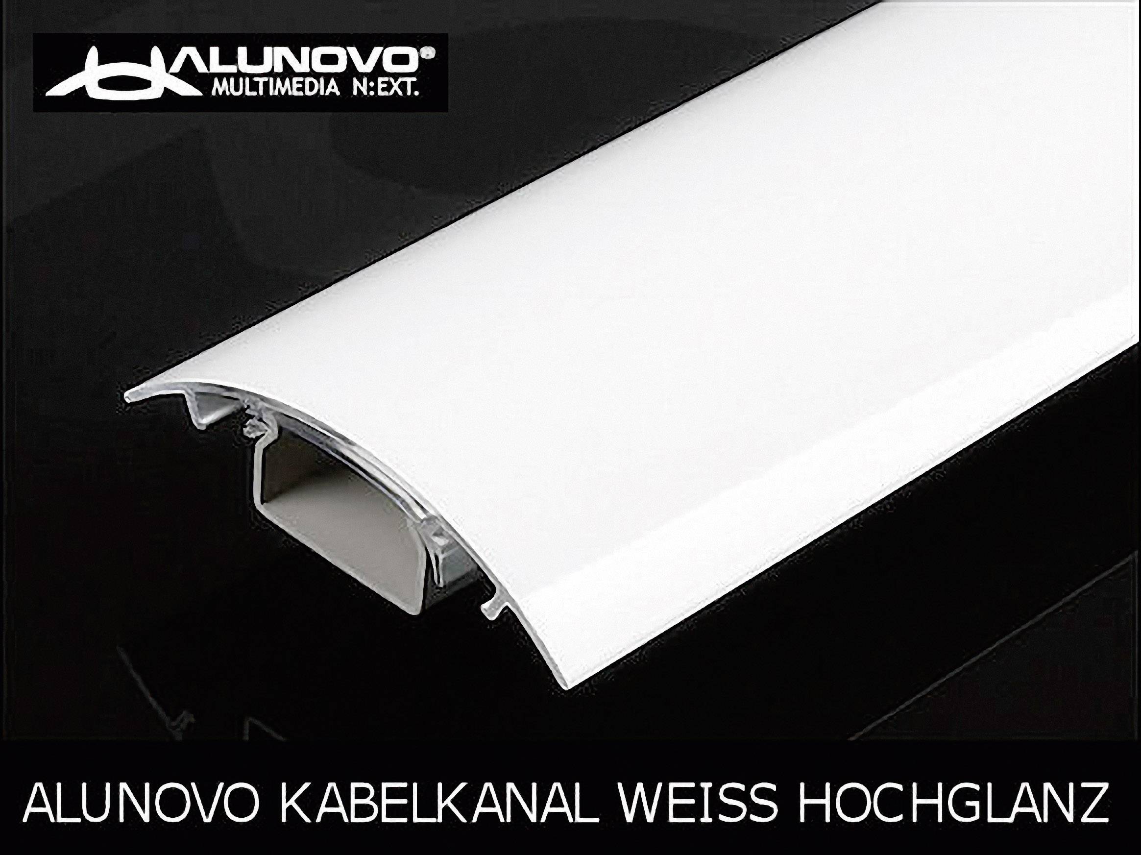Cable trunking in high-gloss white by Alunovo, with a curved design for multimedia applications.