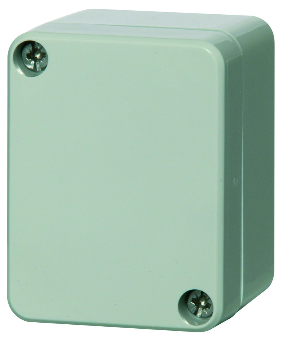 A rectangular, light grey plastic box with a removable lid. Two screw holes are visible at the top corners.