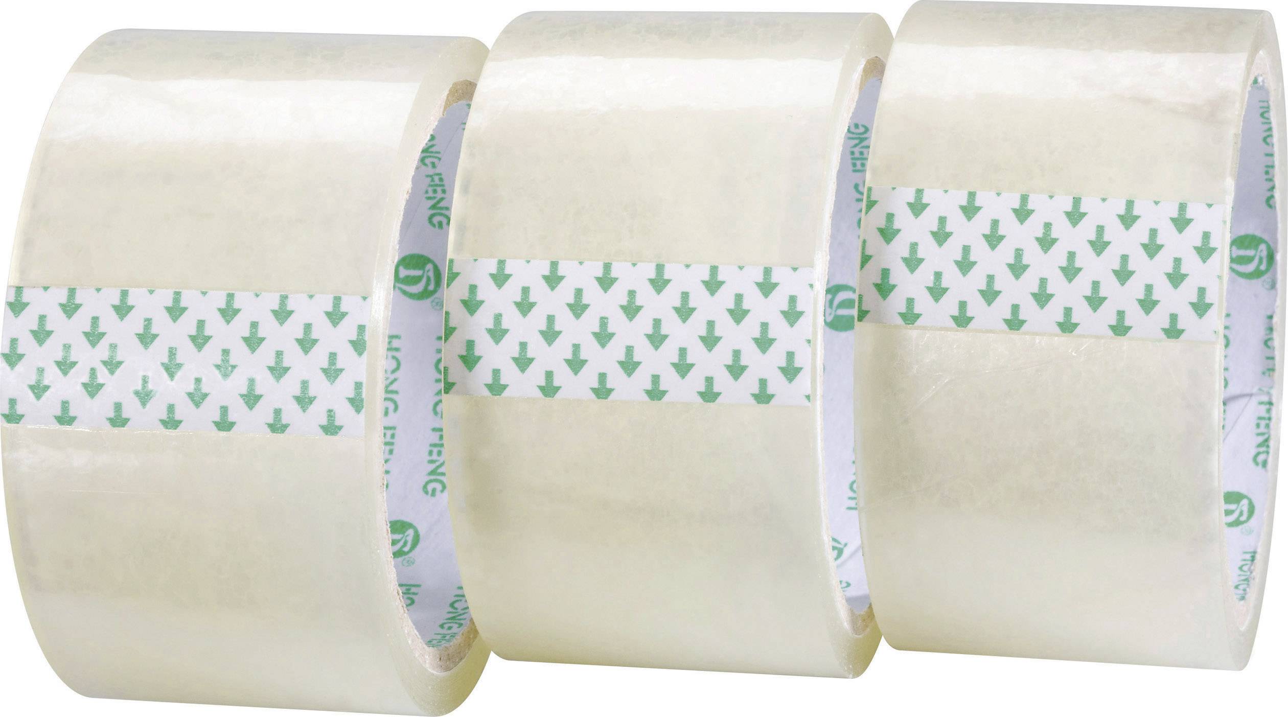Three transparent sellotape rolls placed side by side, each with a green pattern visible on the inner side.