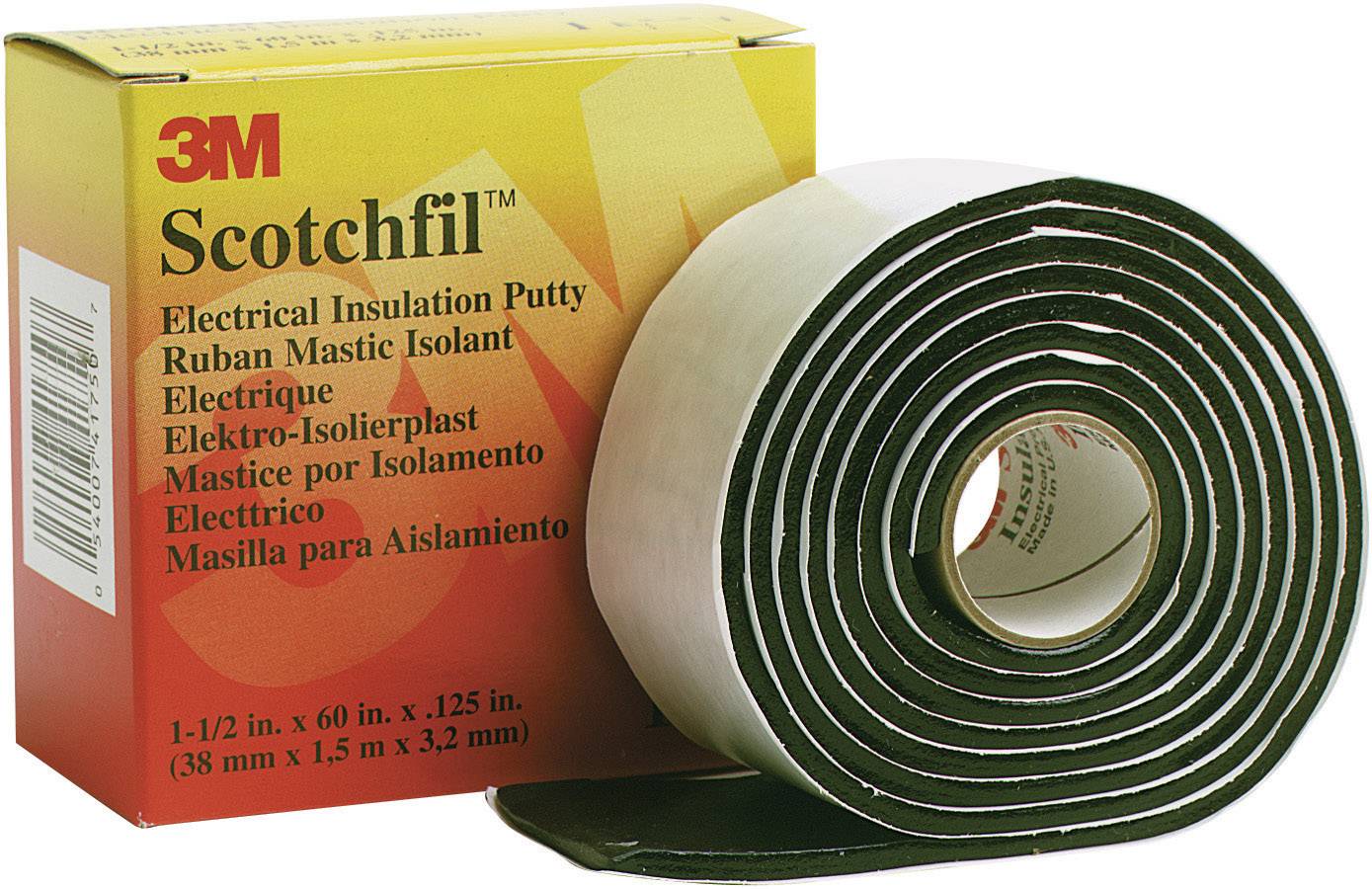 '3M Scotchfil' Electrical Insulating Mastic, black, flexible compound on a roll, beside yellow packaging with product labelling.