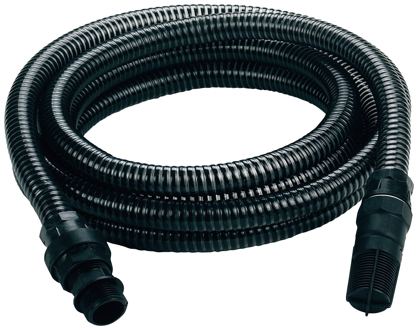 A long, black, flexible hose with connectors at both ends, coiled in a spiral arrangement.