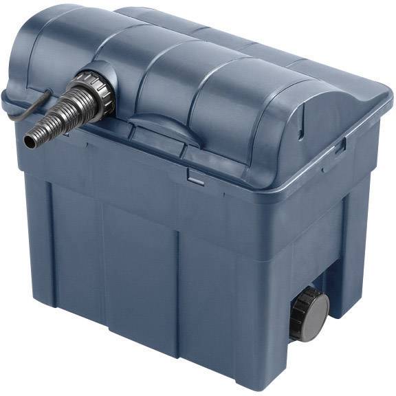 A grey plastic box with a lid, a side hose connection, and a front rotary control, presumably a pump filter.