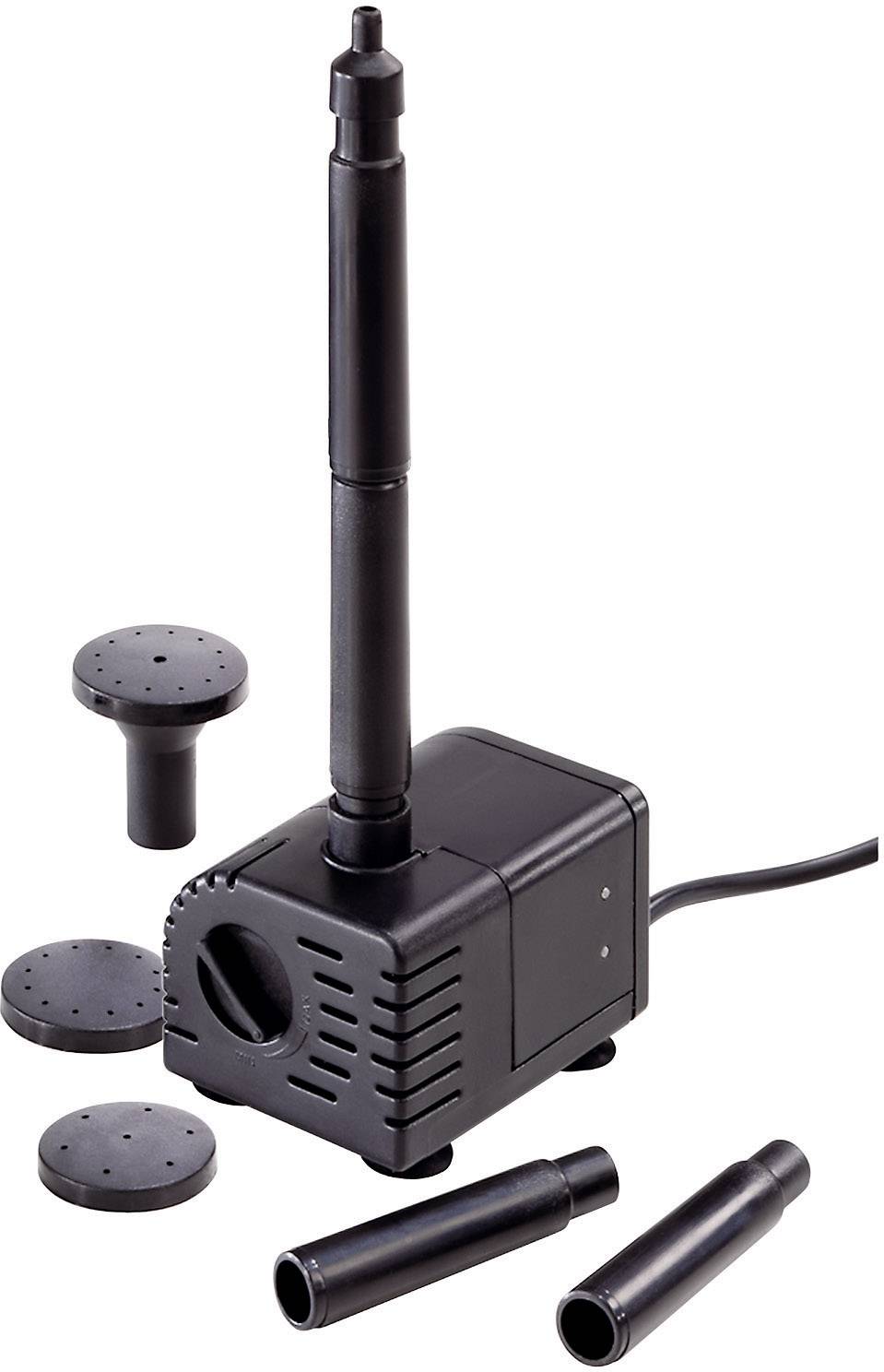 Small water pump with multiple nozzle attachments, suitable for aquariums or water features. Black casing with power cable.