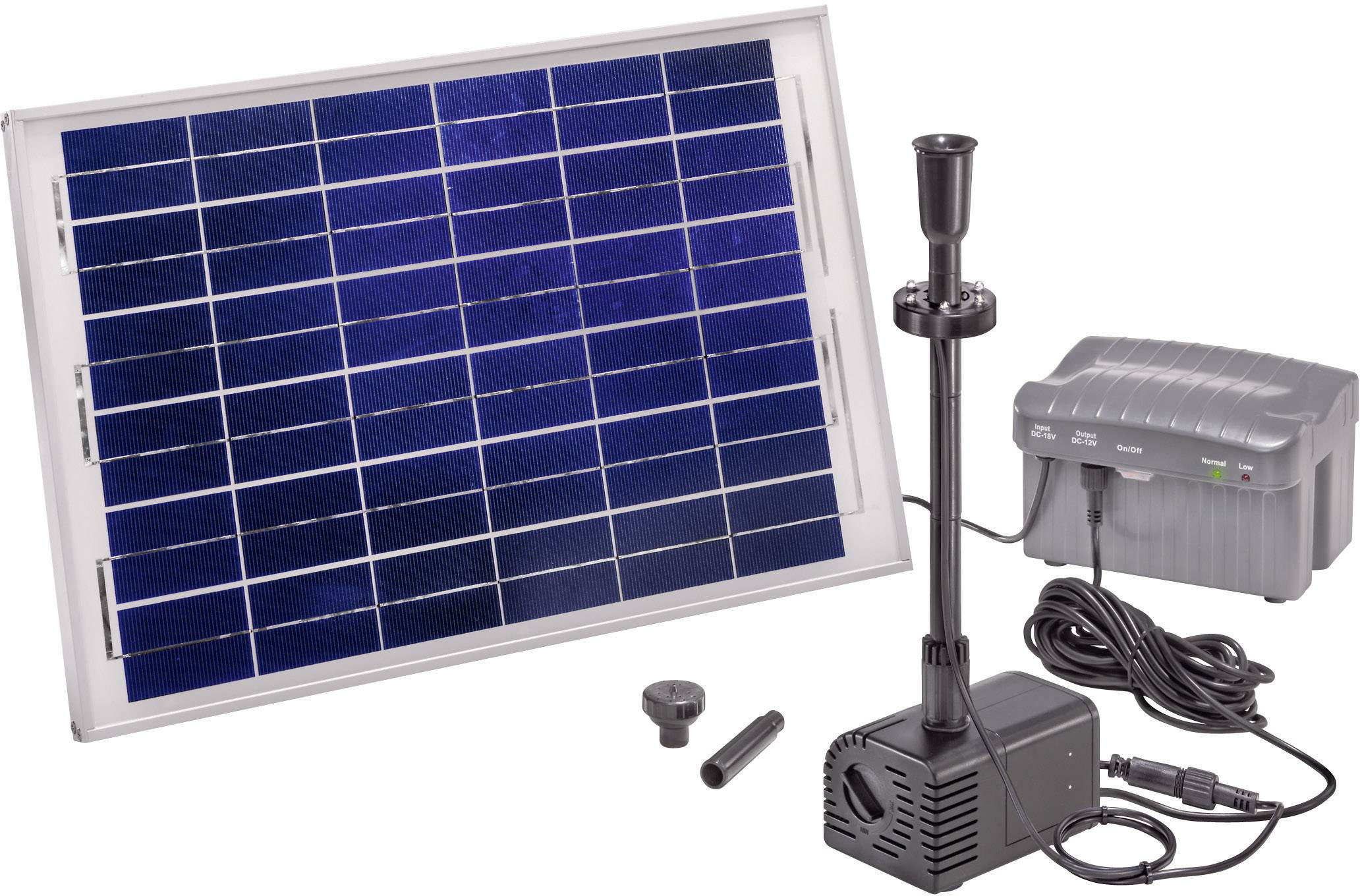 Solar module with pump and battery, suitable for small ponds or garden fountains. The module converts sunlight into energy.