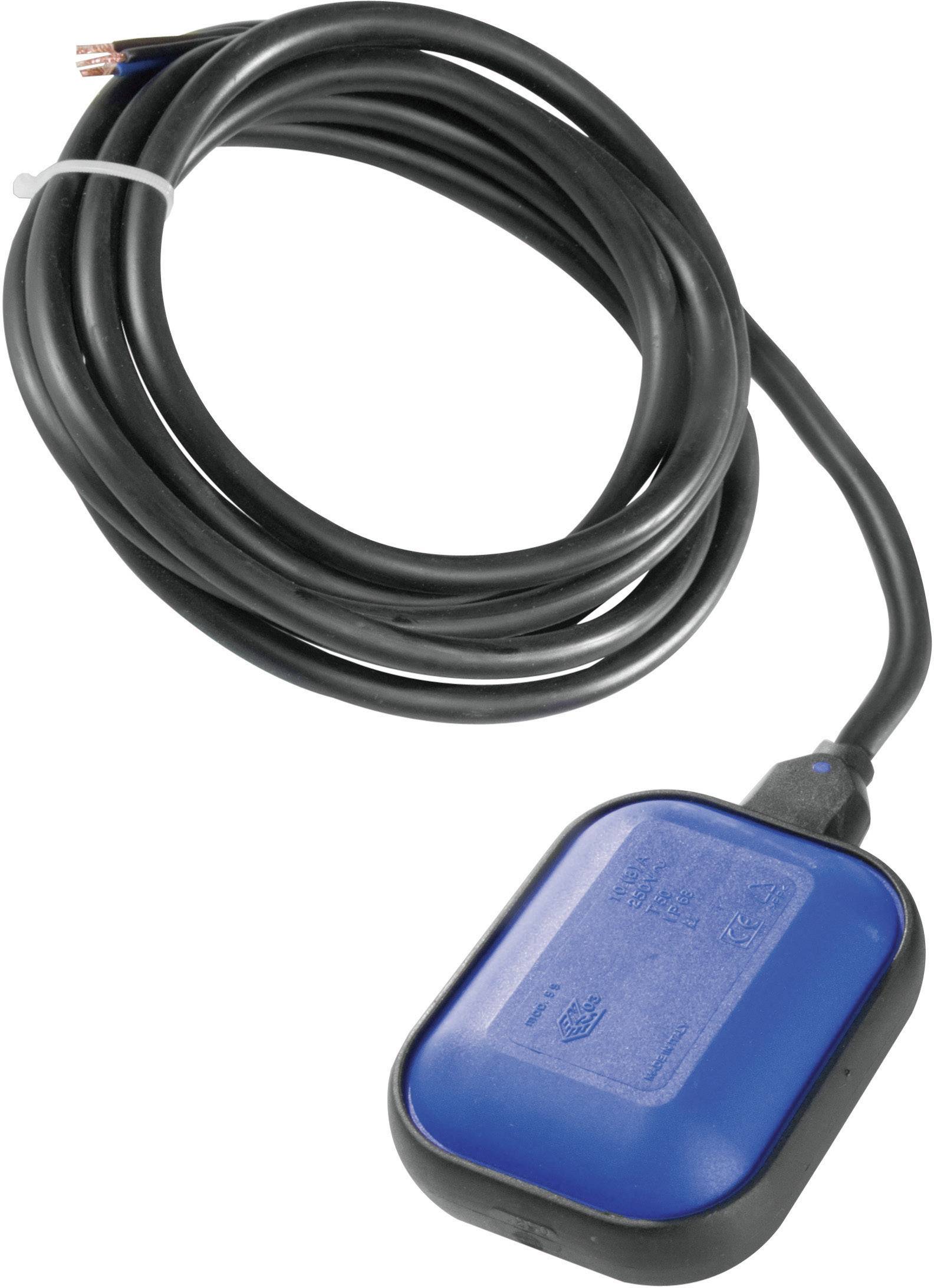 Float switch with blue plastic housing and long black cable for liquid level control in fluid tanks.