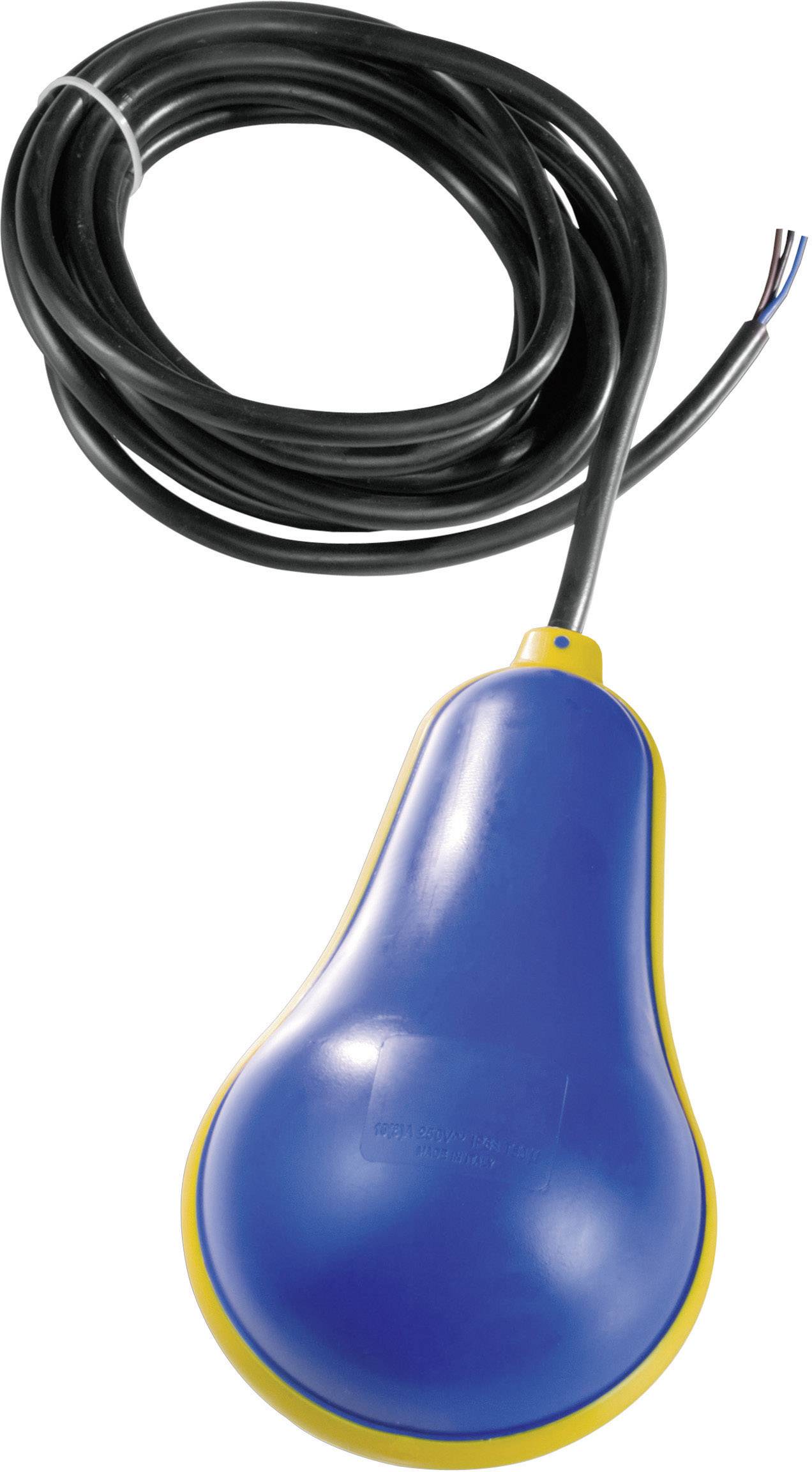 A blue, droplet-shaped float switch with a yellow border and long cable, used for liquid level monitoring.