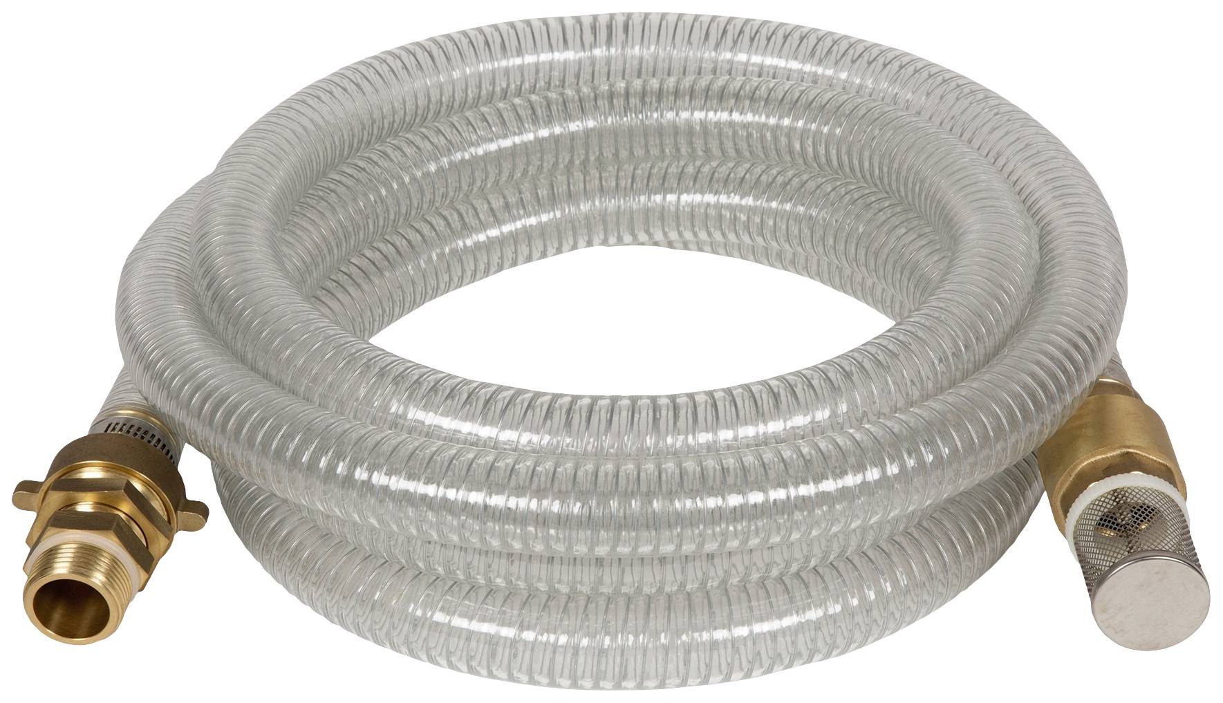 Transparent tube, coiled, with gold-coloured metal connectors at both ends, suitable for industrial applications.