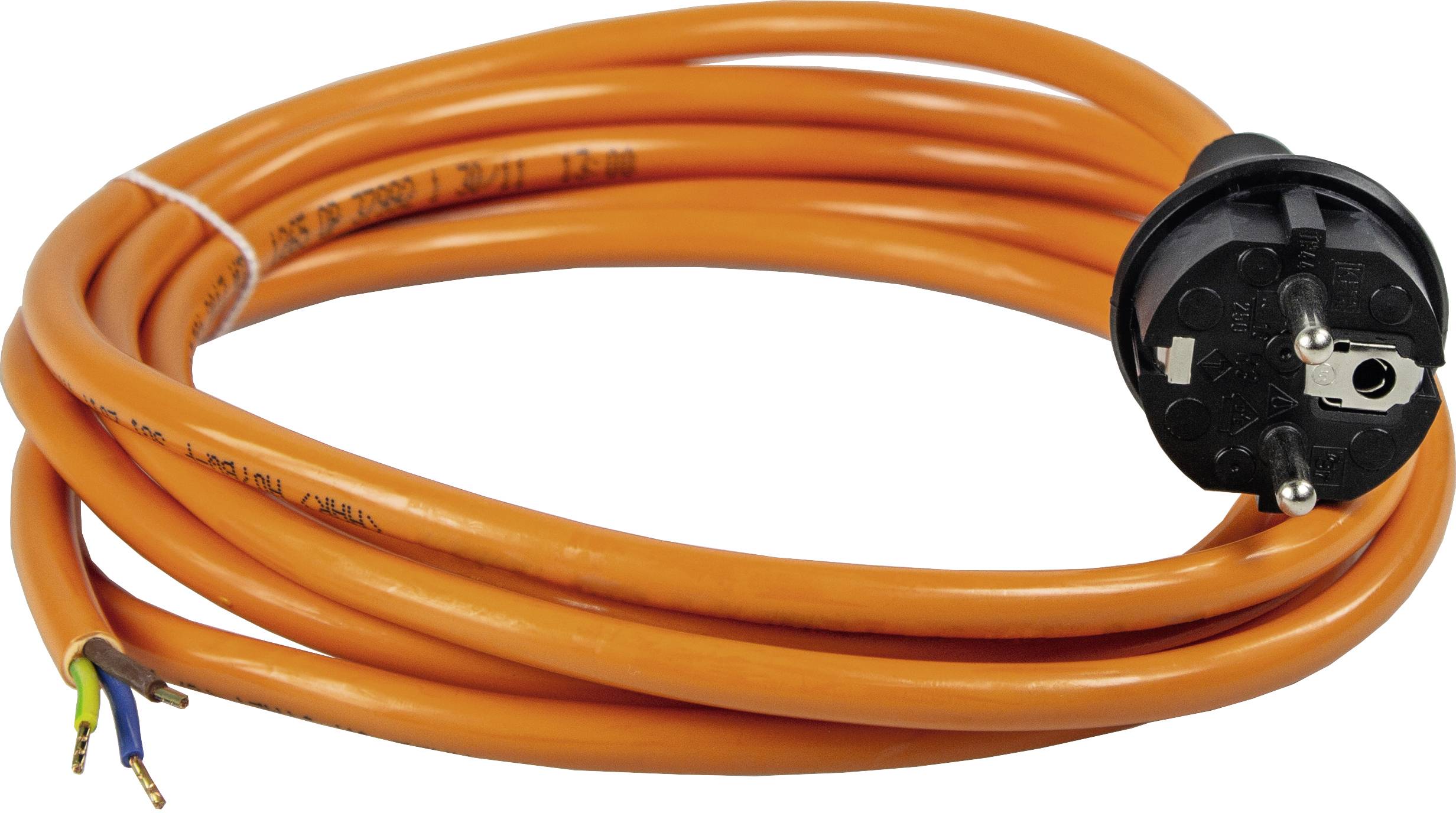 Orange extension leads with Schuko plug and open ends, suitable for electrical connections, on a white background.