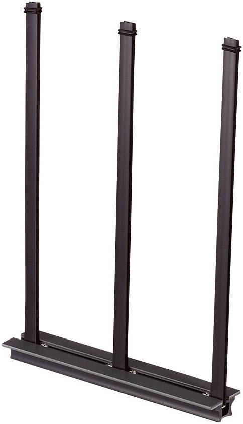 A black metal stand with three vertical bars used for stacking firewood logs for storage or drying.