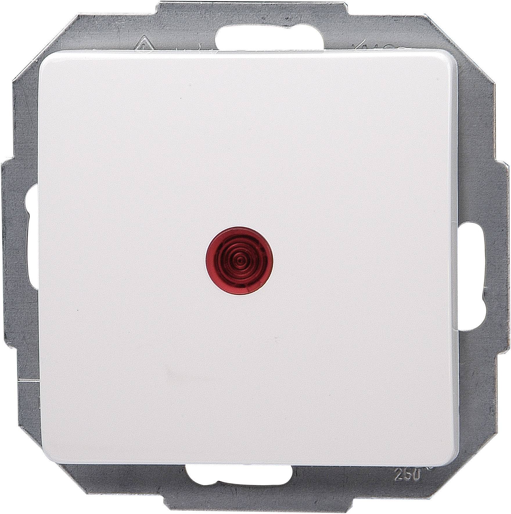 A white light switch with a red control light in the centre, mounted on a metal plate, typically used for status indication.