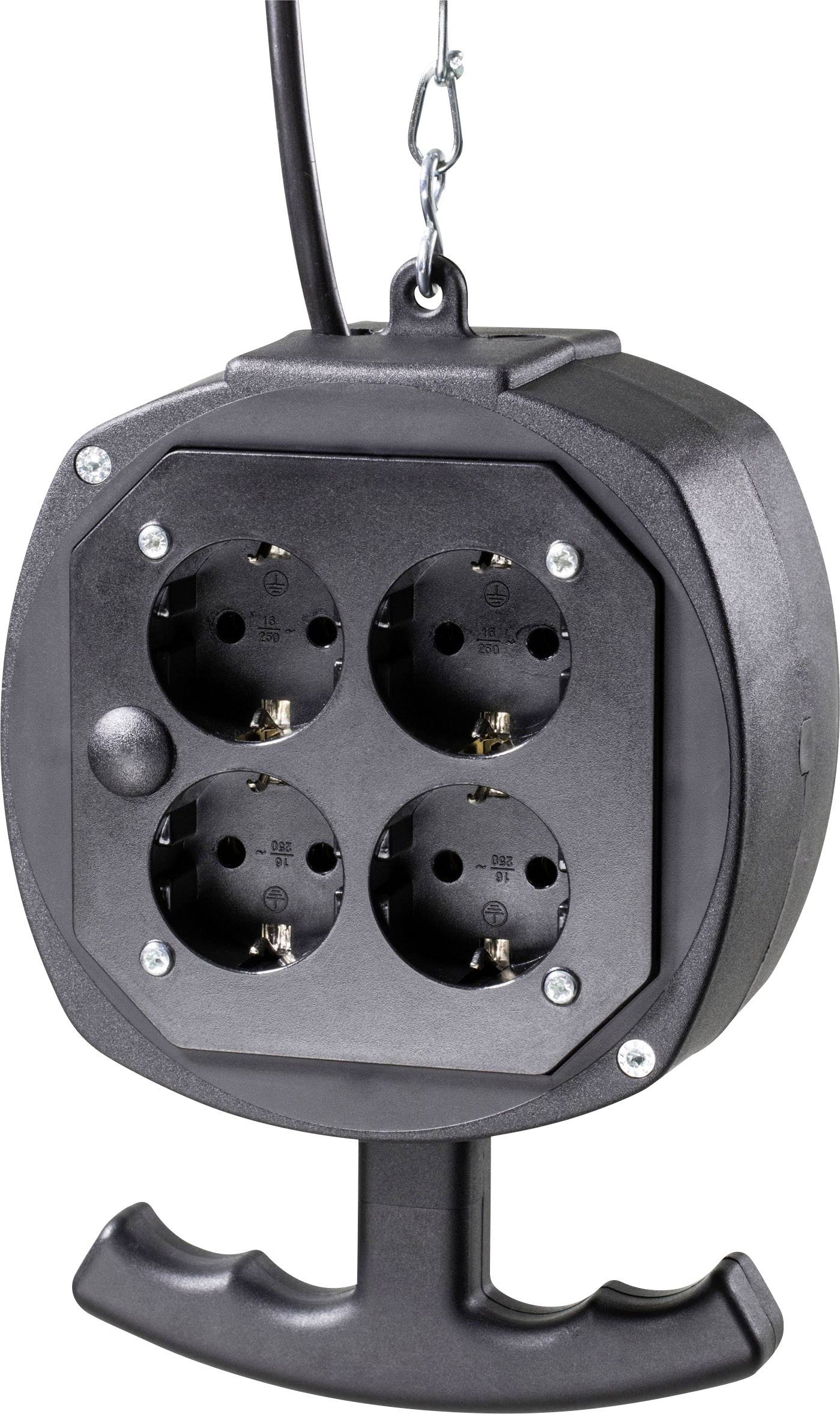 Black four-socket power strip with a handle at the bottom, suspended from a chain.
