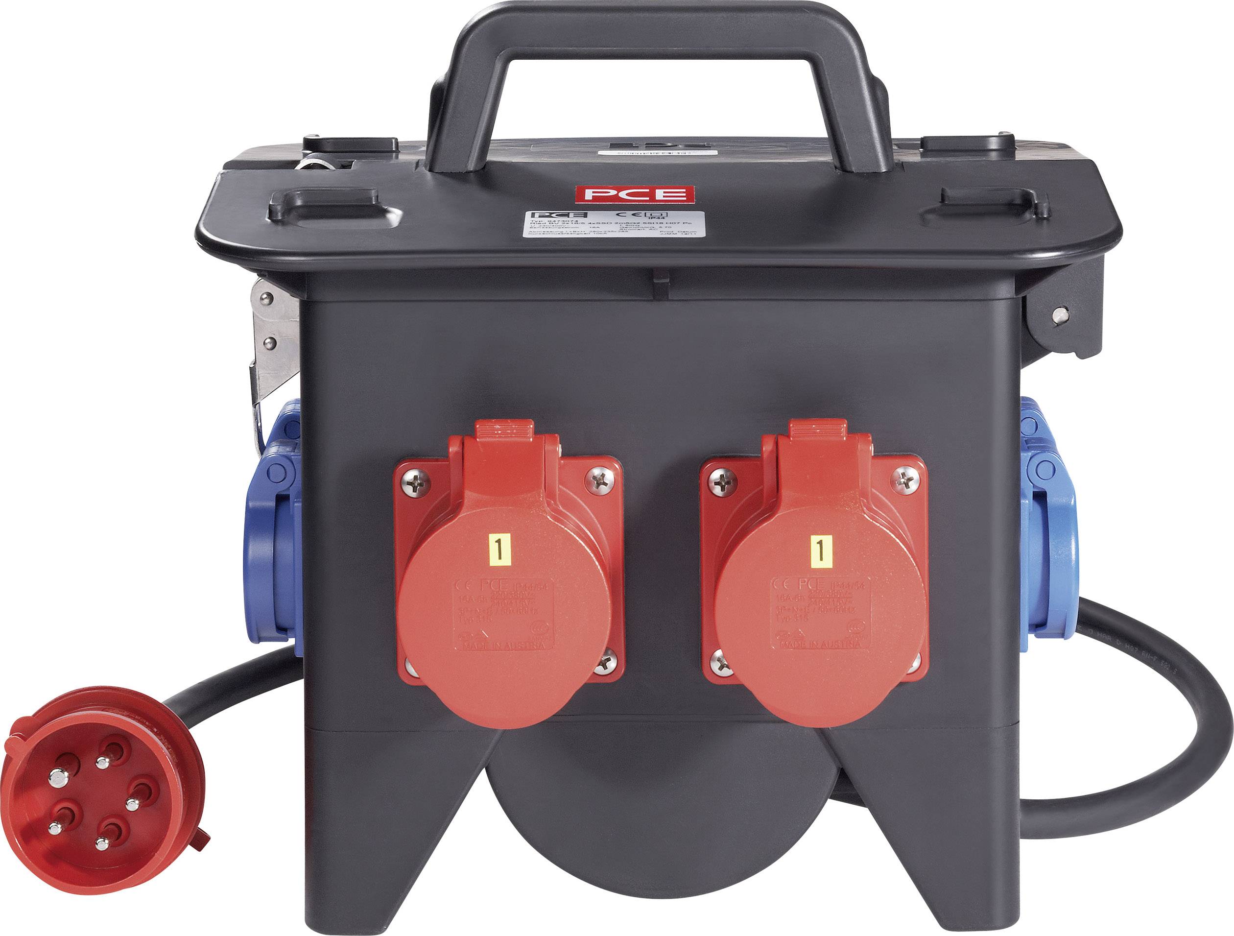 A black mobile distribution box with two red power sockets and a red plug. A handle is located on the top for carrying.