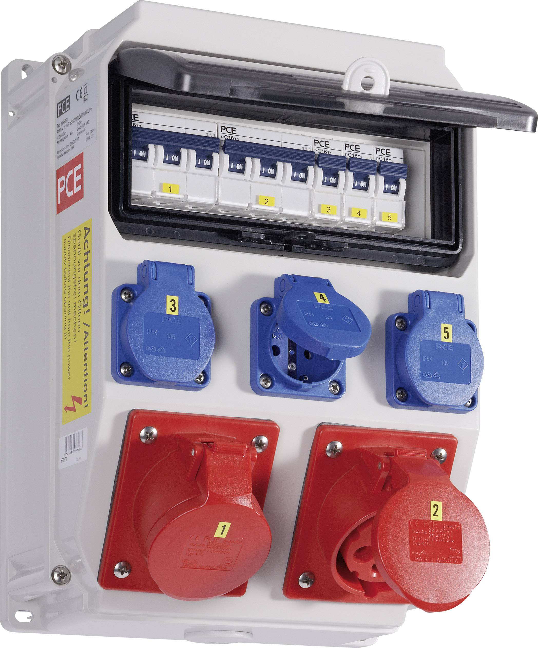 Combined switchboard with multiple blue and red sockets, marked from 1 to 5.