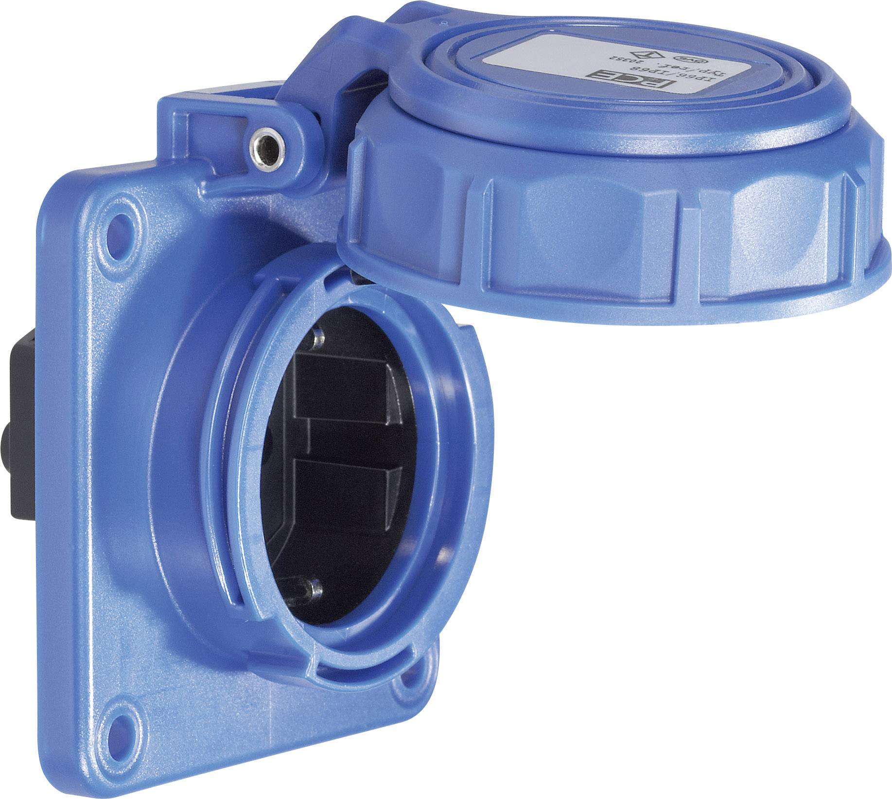 Blue, round industrial coupling with cover, wall-mountable, secured with two screws in the upper area.