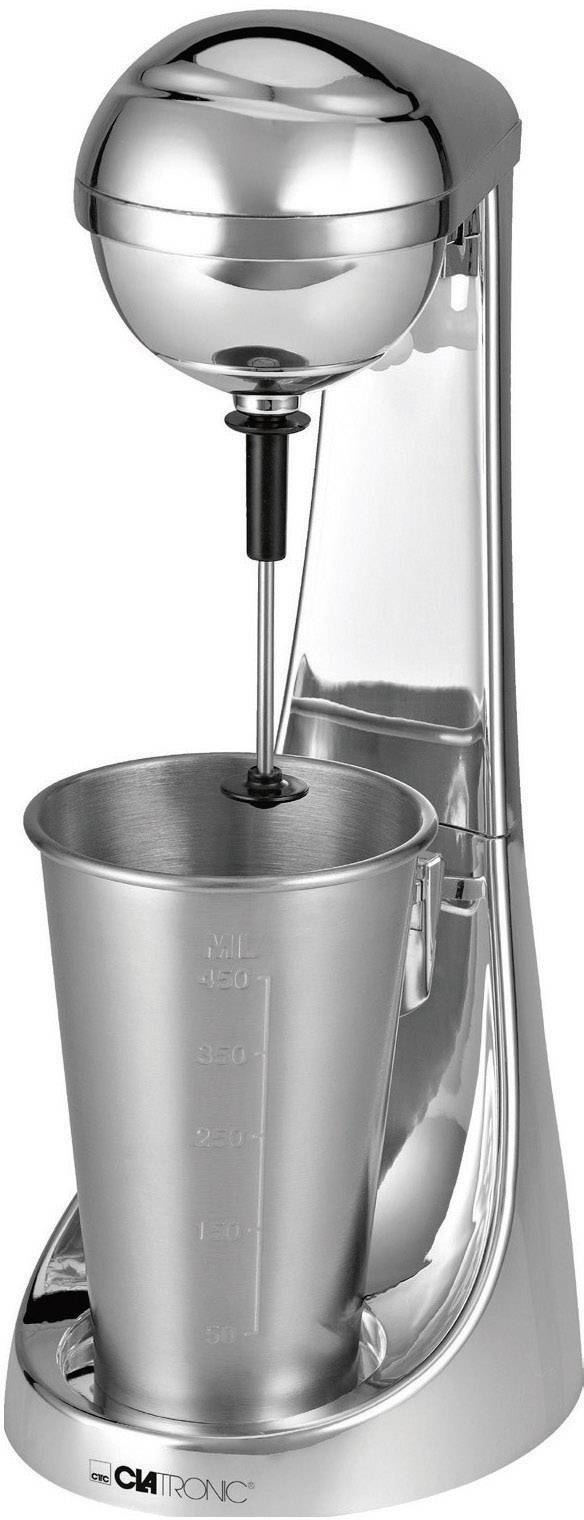 A silver-coloured milkshake blender with measuring jug indicates fill levels in millilitres. Suitable for preparing drinks.