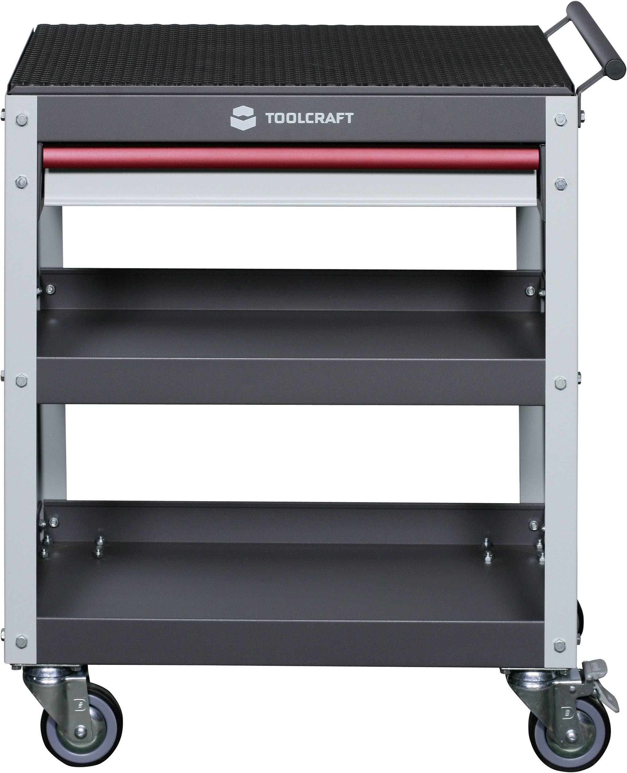 Workshop trolley with three shelves and one drawer on four wheels. Toolcraft tool chest brand visible on the front.