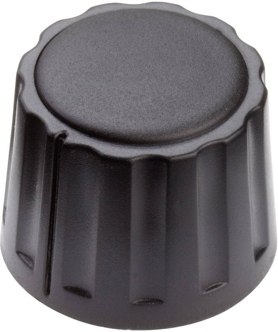 Black plastic rotary knob with a knurled surface, used for controlling devices, typical of audio equipment and amplifiers.