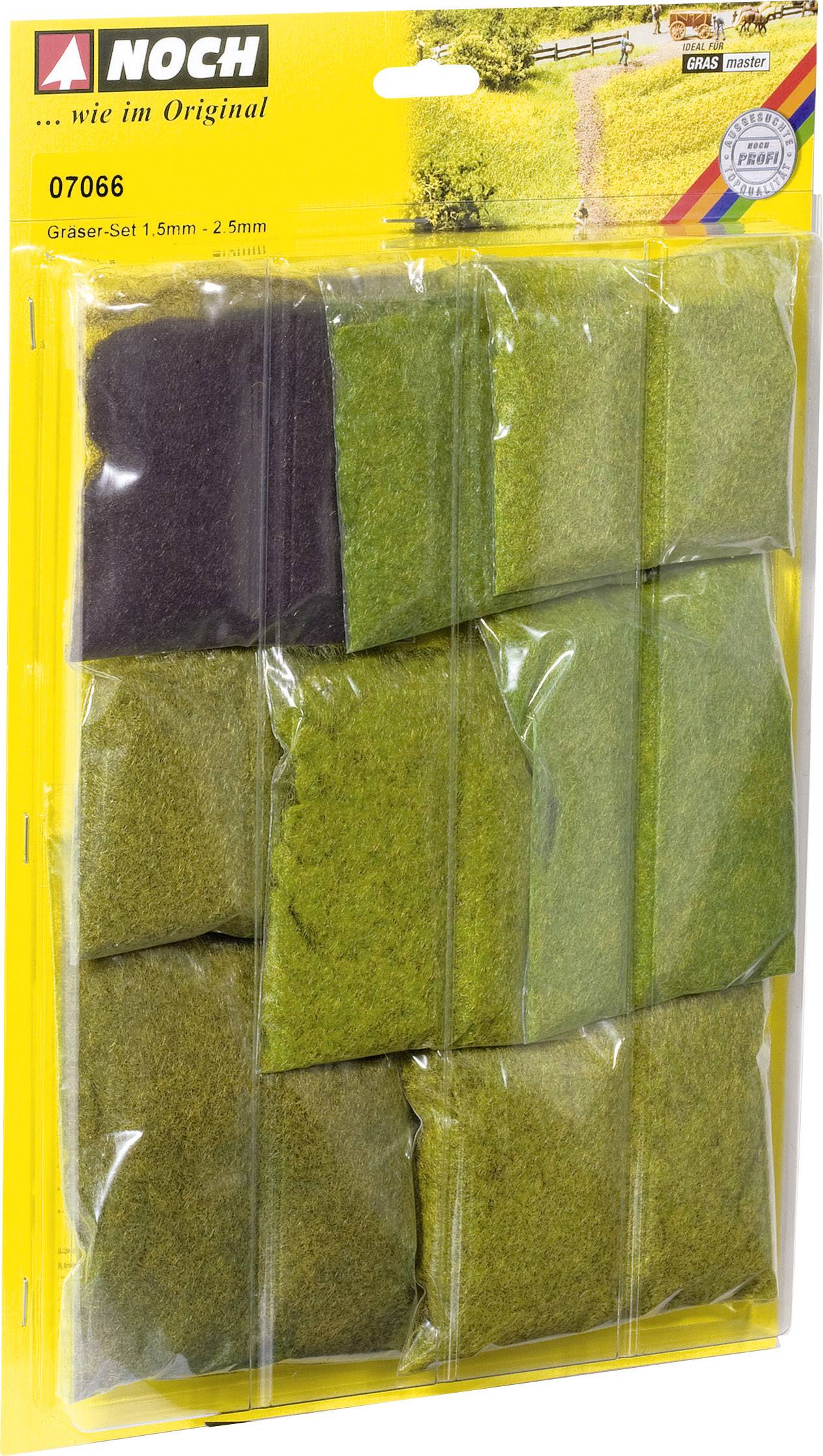 'Grass Set 1.5 mm - 2.5 mm' by Noch, in a yellow packaging, shows various colours of scatter grass for model making.
