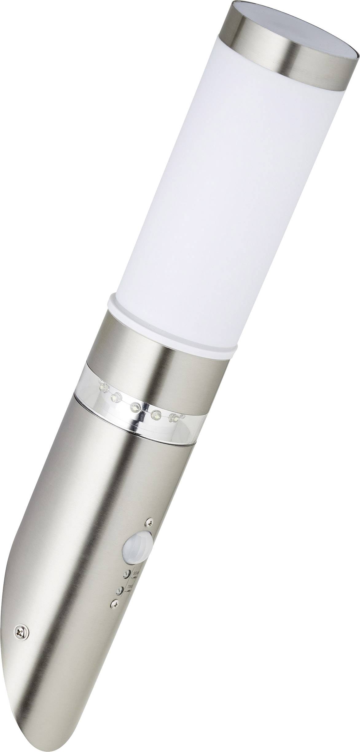Silver LED torch with a sleek design, suitable for use in dark environments.