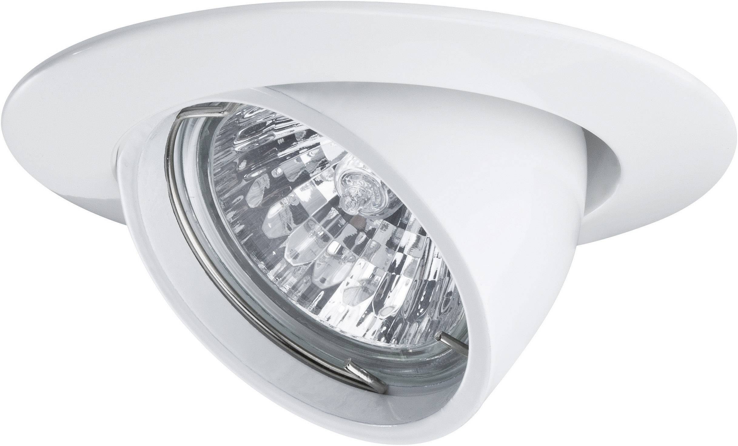 A white, pivoting recessed light with a reflective inner surface, suitable for targeted lighting in modern interior spaces.