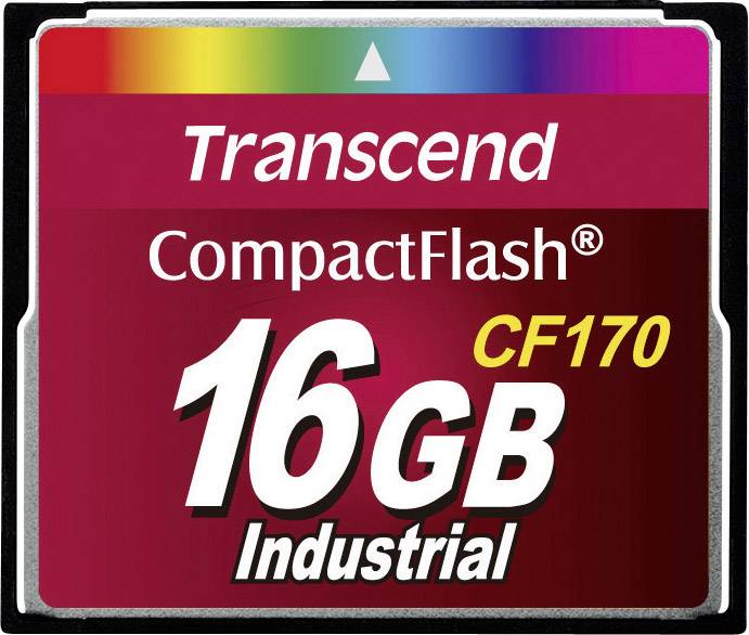 Transcend CompactFlash Memory Card, 16 GB, Model CF170, Industrial, Coloured Strip on Top.
