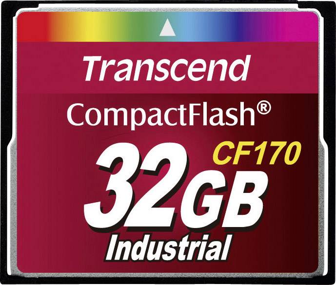 A Transcend CompactFlash card with 32 GB storage capacity, Model CF170, suitable for industrial applications.