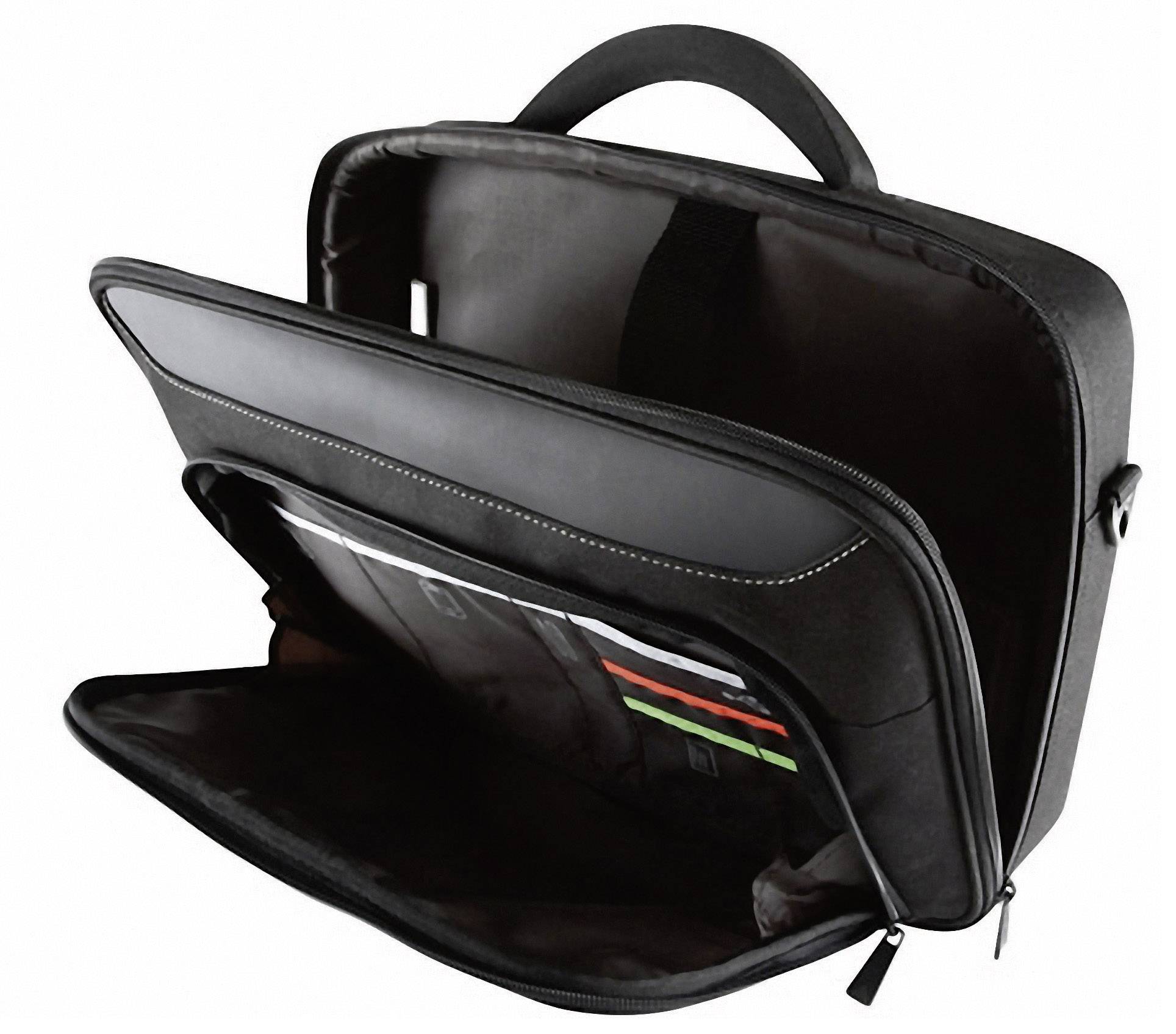 Open black laptop bag with two compartments; the front compartment is filled with folders and papers, suitable for travel or office use.