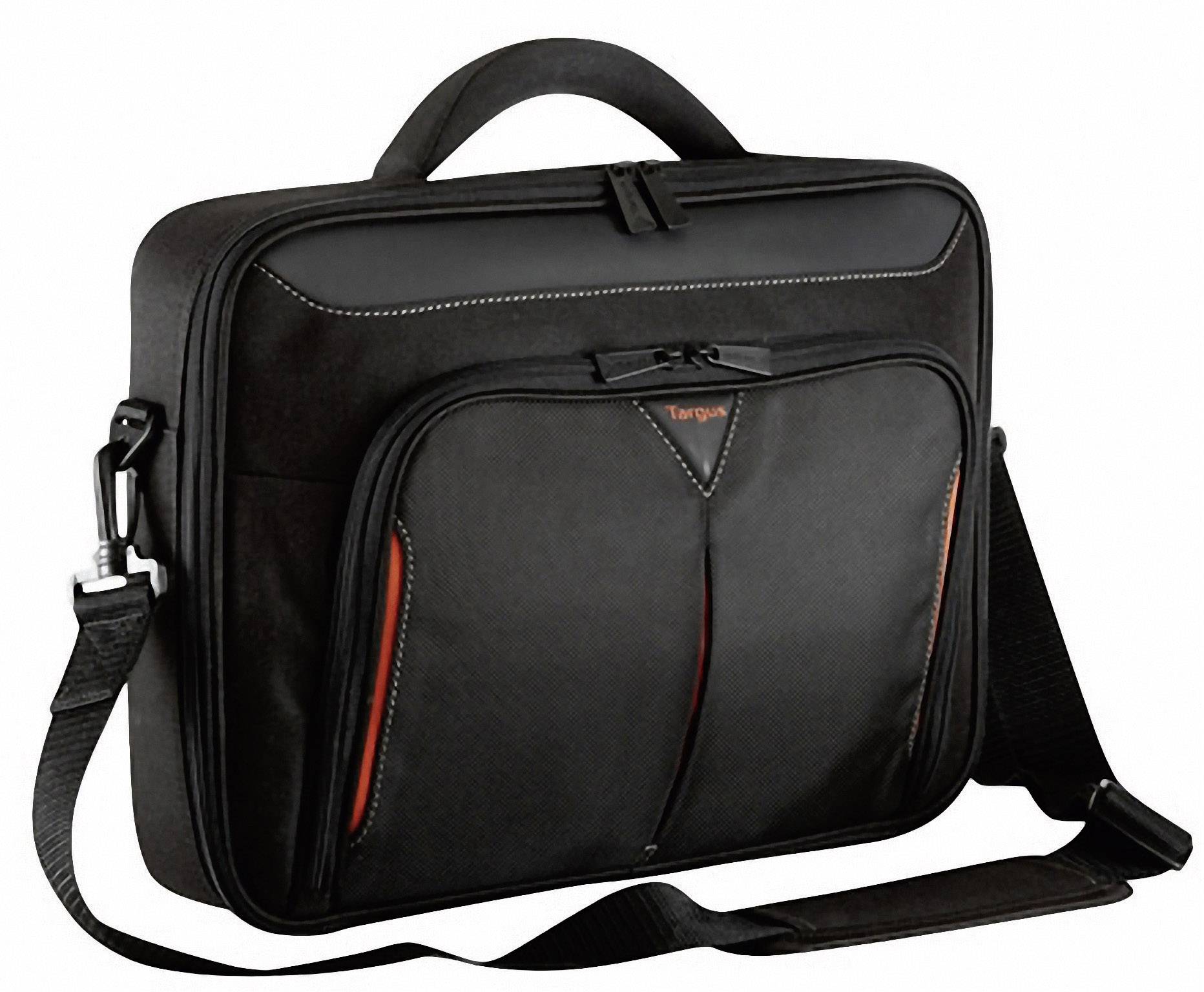 Black laptop bag with shoulder strap and handle, front pocket with zip.
