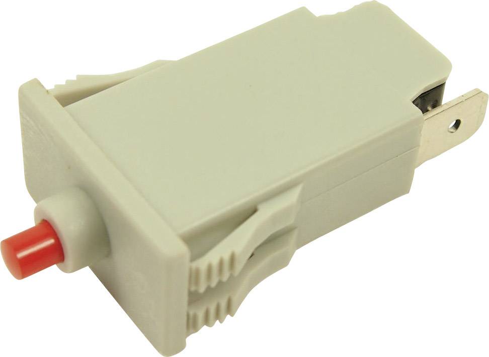 A beige electrical plug with a red button used for reset or testing purposes.