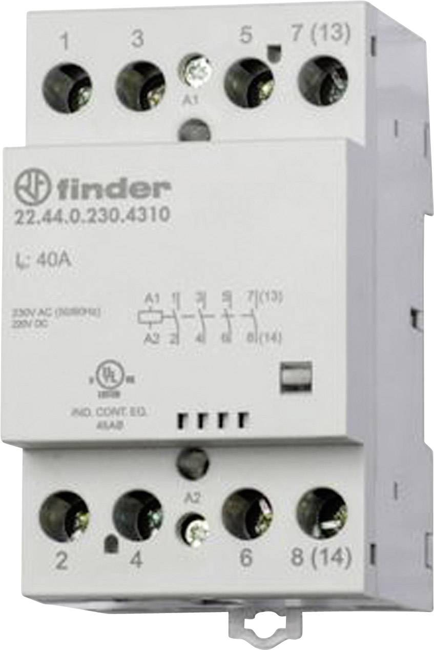 A white electrical contactor with multiple connection terminals, marked 'Finder 22.44.0.230.4310'. Suitable for 40A, 230V AC.