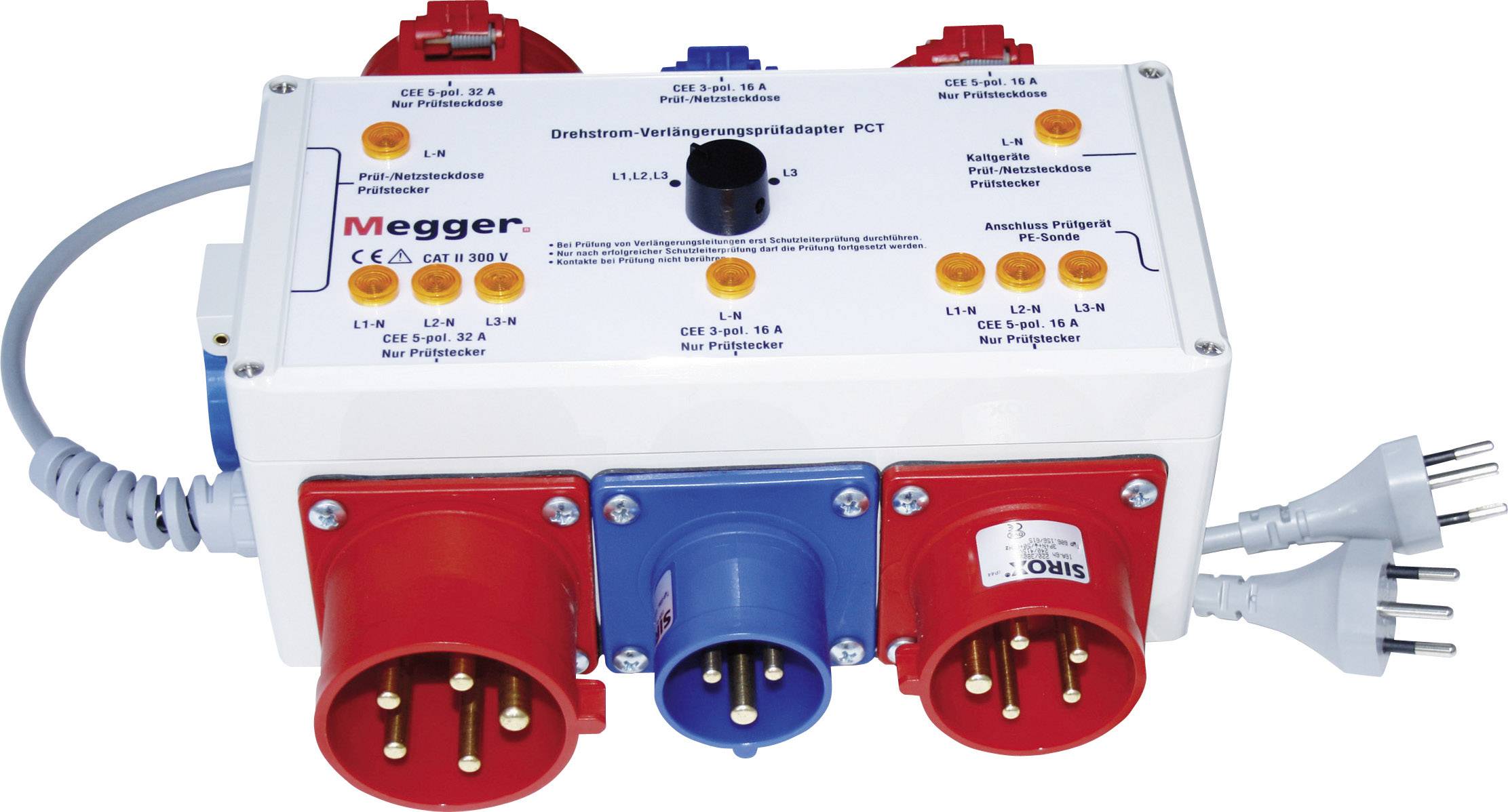 Electrical distribution board with multiple sockets and connections for industrial power supply, containing switches and safety markings.