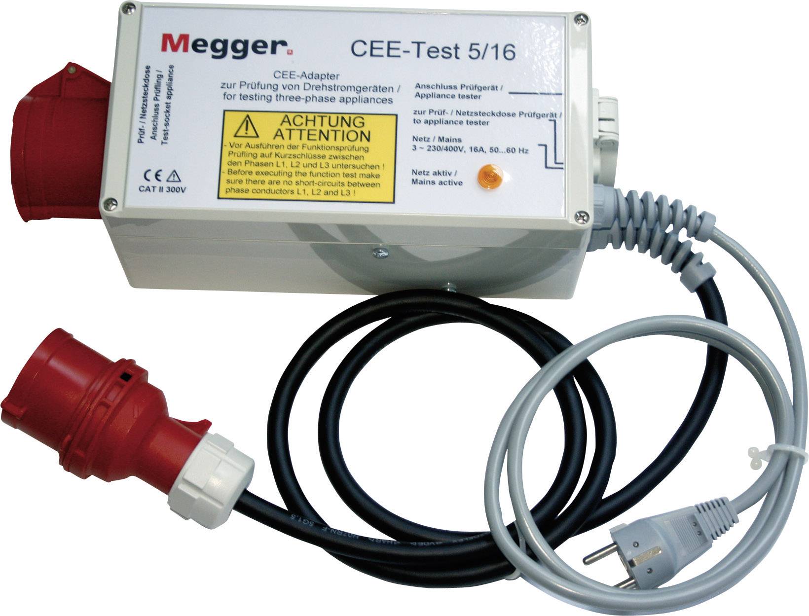 'CEE-Test 5/16' device with red connectors and warning 'Caution Voltage'. For testing three-phase electrical systems.