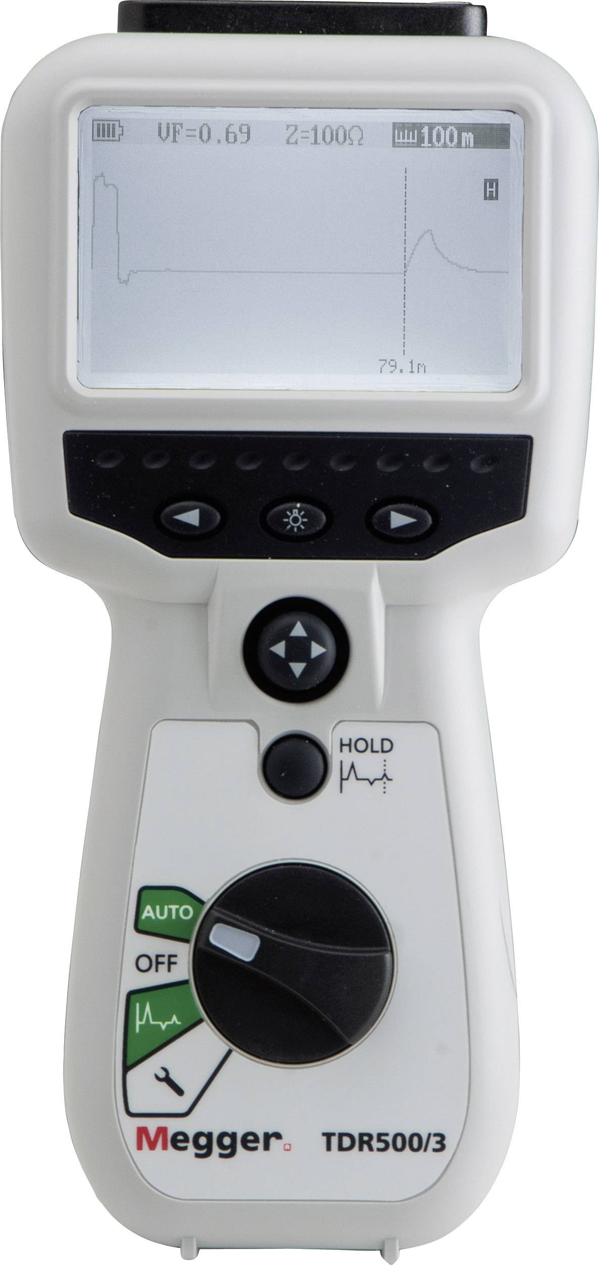 A portable cable testing device with a screen displaying a waveform. Controls and a rotary dial for adjustment.