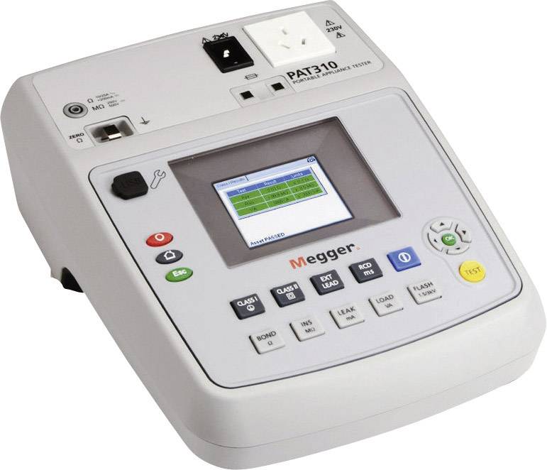 A portable device for testing electrical equipment with a display, various buttons and connections, brand name 'Megger'.