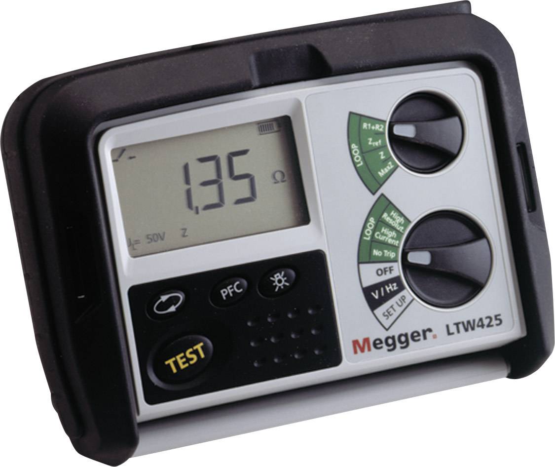 Multifunction Tester Megger LTW425 with digital display shows resistance of 1.35 ohms. Various adjustment dials and buttons are present.