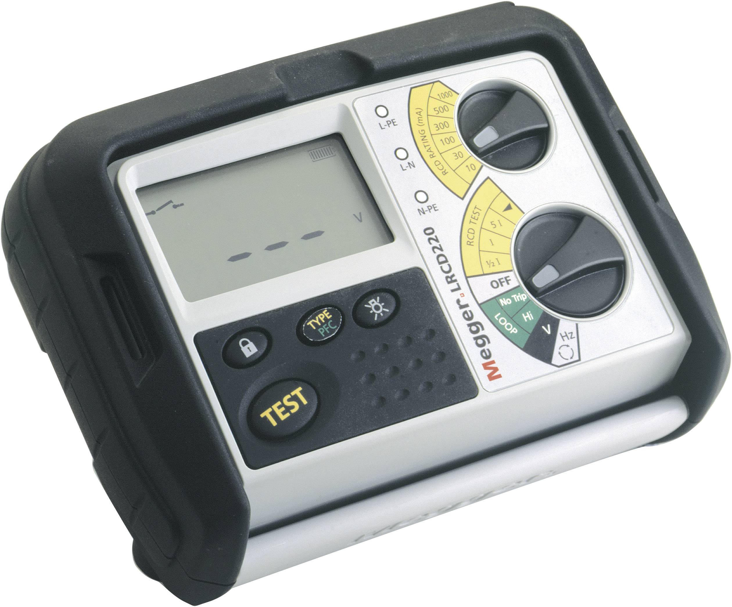 Measuring device with rotary switches and display, showing electrical voltage measurement. 'Megger' brand name visible.