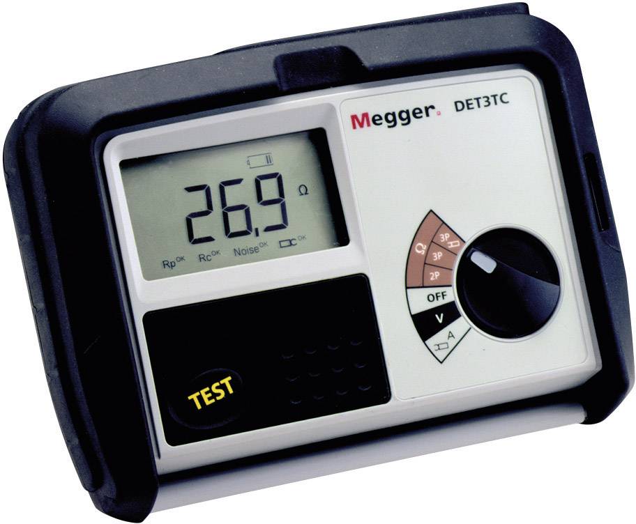 Digital device for measuring earth resistance, displaying '26.9 Ω' on the screen. Button for selecting test settings.