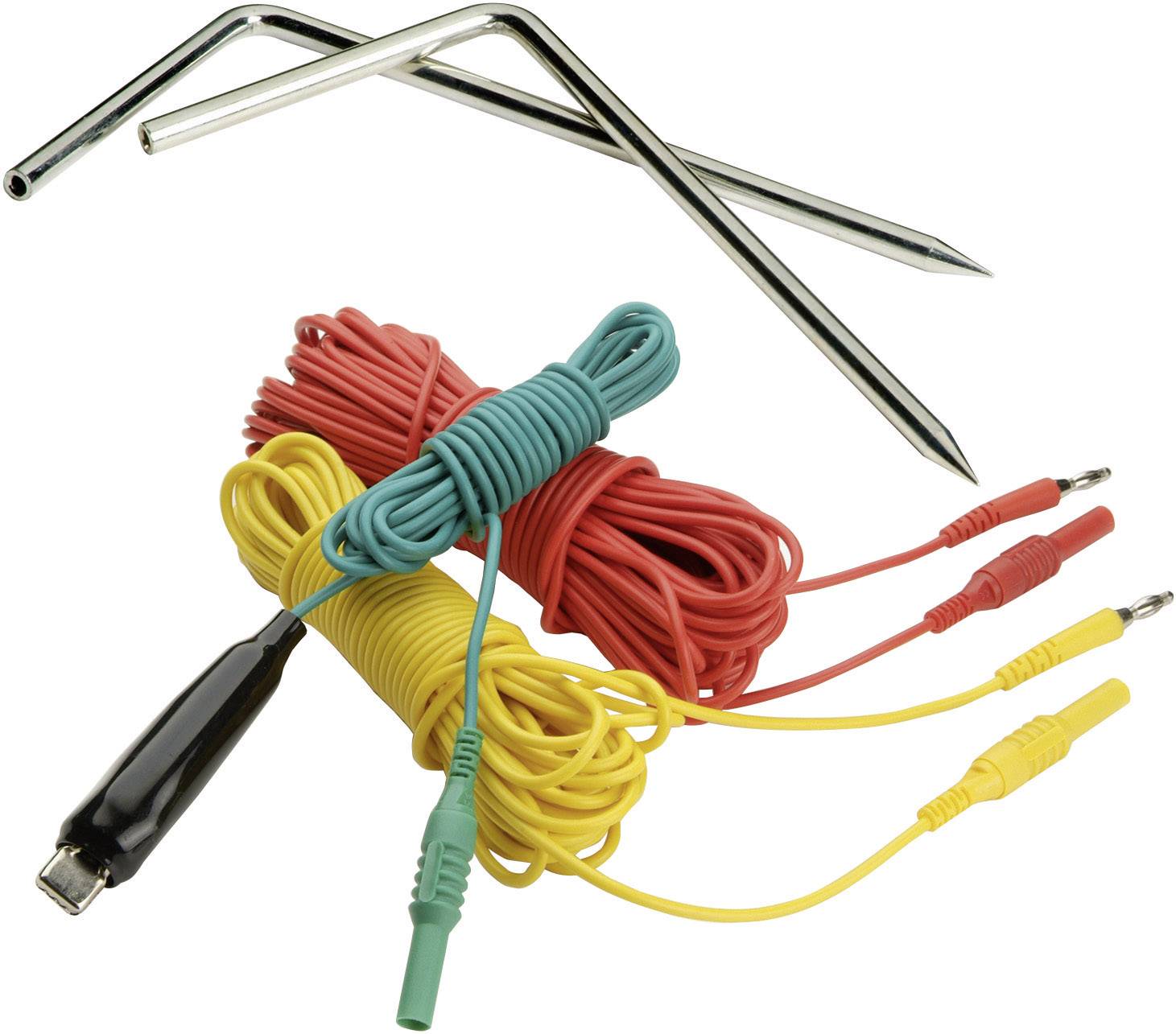 Metal rods, colourful cables and plugs. Accessories for electrical engineering or measuring equipment.