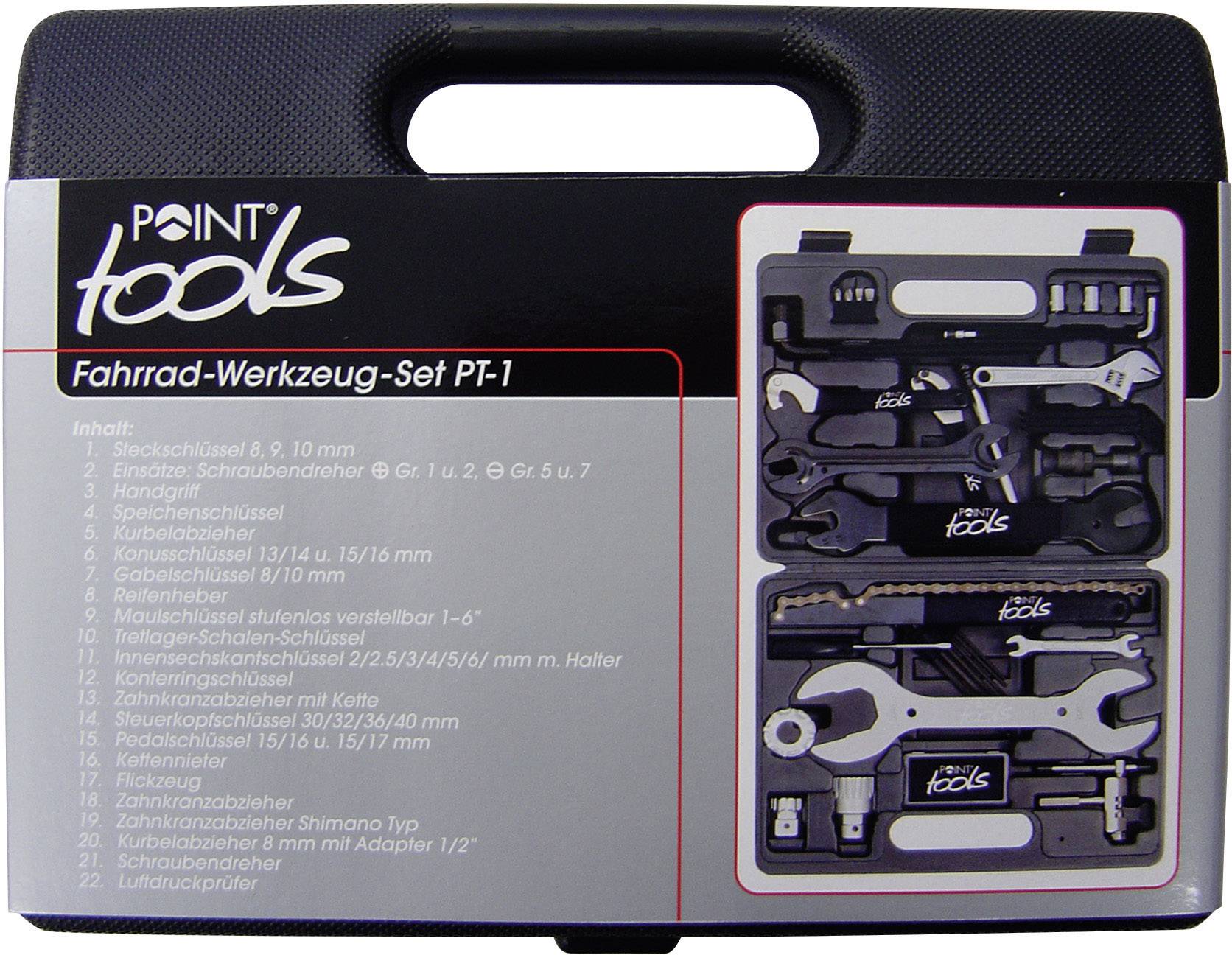 Bicycle repair tool kit by 'Point tools', showing an open view with various tools and size specifications.