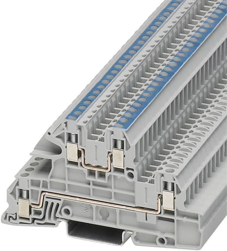 Grey terminal block module with a blue marking on top. It is used in electrical connection systems for secure wiring.