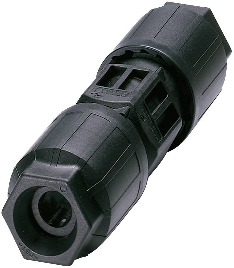 Black cable connector, cylindrical in shape, with ribbed surface and screw closure, for weatherproof electrical connections.