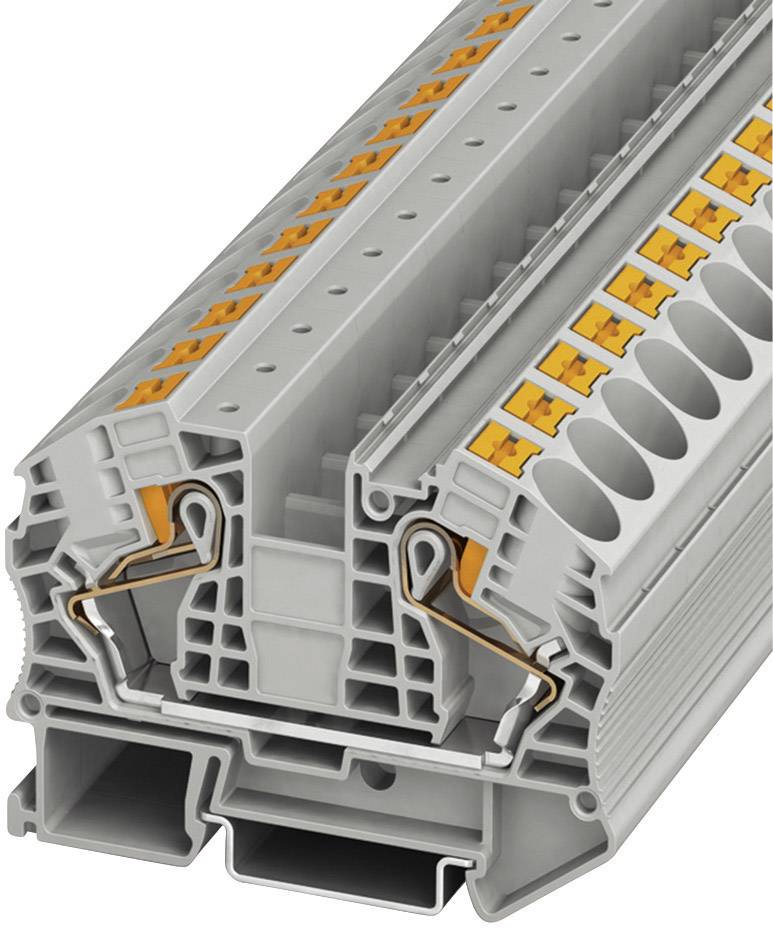 Cross-section of a grey terminal block with orange actuation elements and wire connection terminals, showing internal connecting components.