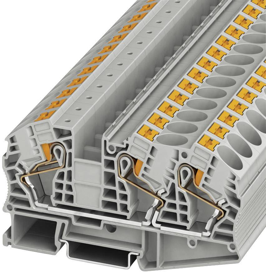 A grey, rectangular component with multiple rows of orange terminals used for connecting electrical wires.