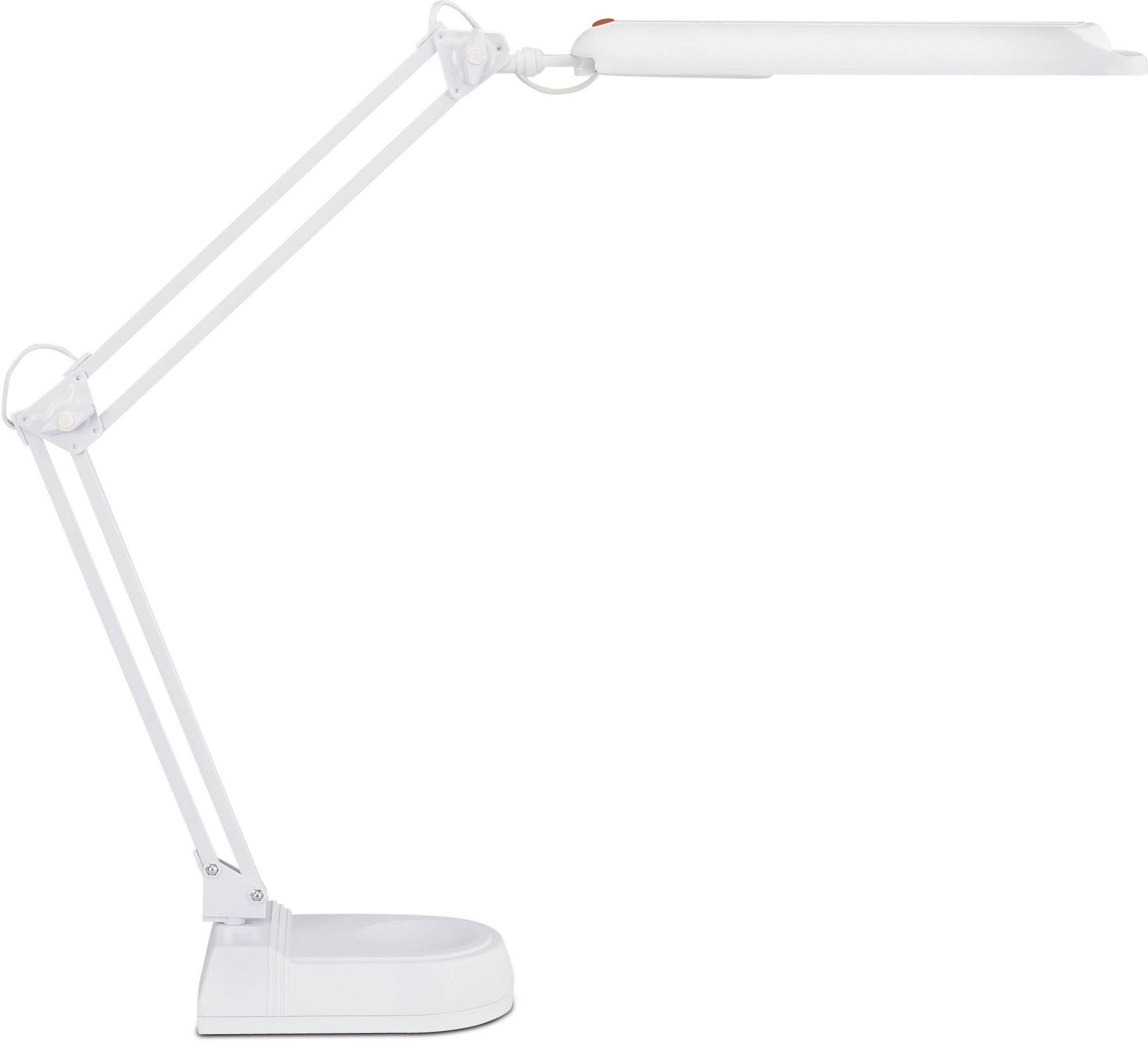 A white desk lamp with an adjustable arm and rectangular light head, standing upright on a table.