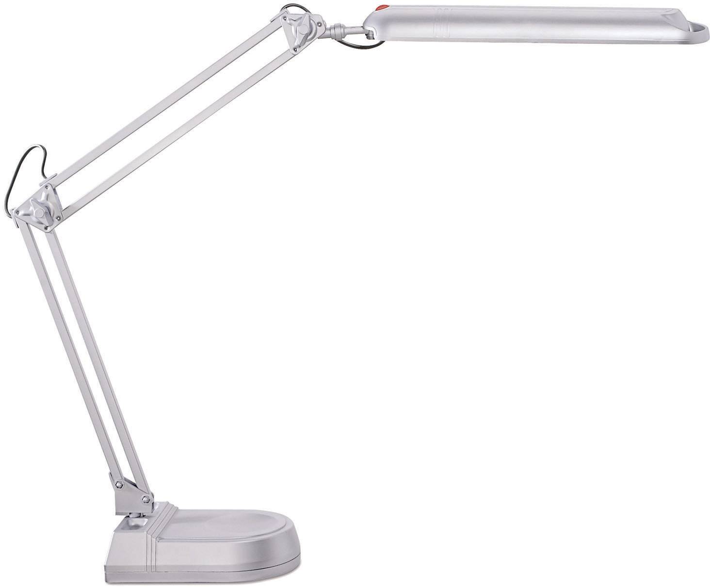 A silver desk lamp with an adjustable arm and a flat, rectangular lampshade, standing on a flat base.